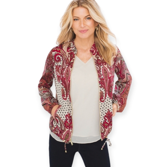 NWOT Chicos red pink white brown paisley bomber jacket Womens Medium - Picture 2 of 8